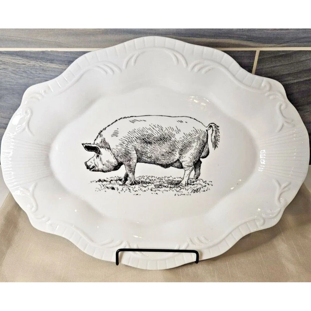 Charming Country Pig Decorative Black & White Platter Scalloped Edge 13.5' x 10"